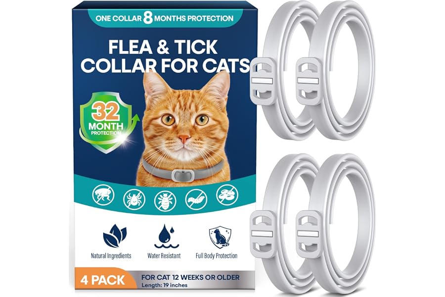 Flea and Tick Collar for Cats 4 Pack, 8 Months Protection, Plant-Based Ingredients, Water-Resistant, Adjustable & Lightweight, Suitable for Adult Cats & Kittens, White
