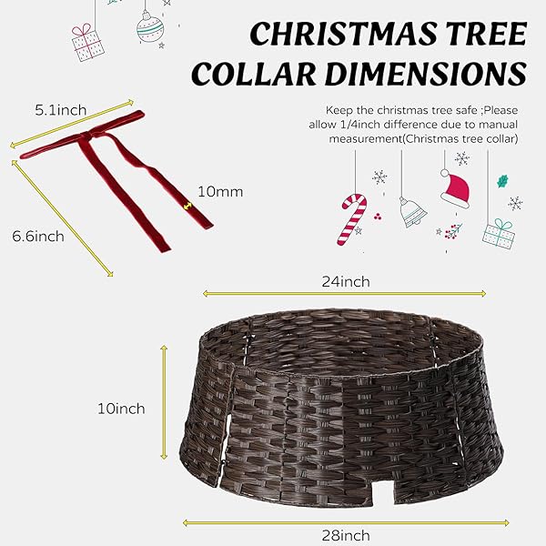 TKKEUEP 28″ CHRISTMAS TREE COLLAR FOR PENCIL TREES WITH 24PCS VELVET CHRISTMAS TREE BOWS,CORD CUT-OUT, BASKET TREE SKIRT COLLAR STAND FOR 4.5-9 FT ARTIFICIAL TREES