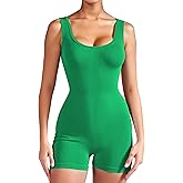 AURUZA Rompers for Women Workout Seamless Romper Yoga Ribbed One Piece Tank Tops jumpsuits Sleeveless Exercise Tummy Control Rompers Square Neck Leggings Romper,Green,M