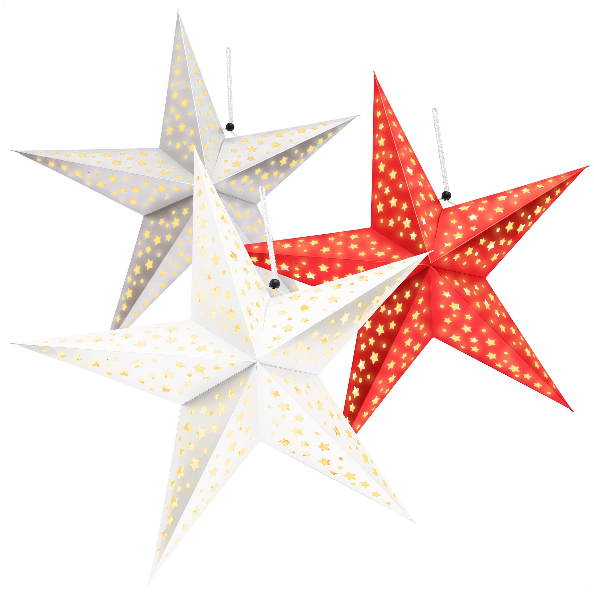 COM-FOUR® 3x luminous star in 3D with LEDs - Christmas star with LED lighting and timer - Premium paper star to hang up