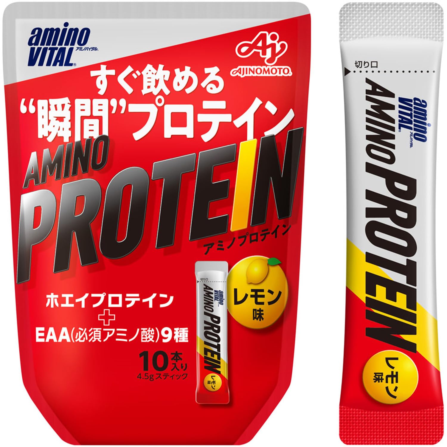 アミノバイタル 味の素 アミノプロテイン レモン味 パウチ アミノ酸 BCAA EAA ホエイプロテイン シェイカー不要 計量不要 携帯性 4.3グラム (x 10)商品画像