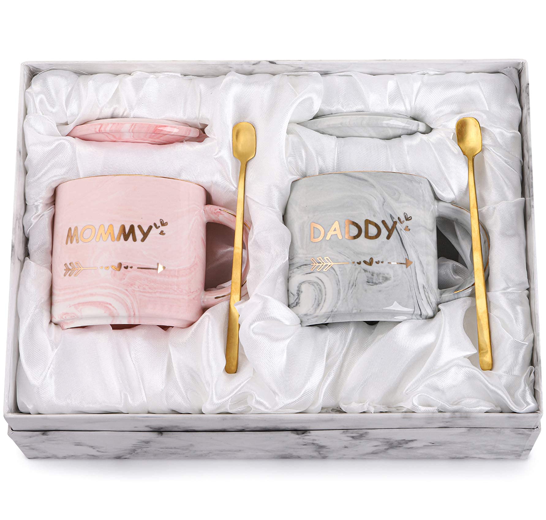 WUWEOT 2 Pack Dad and Mom Coffee Mug Set, 350ML New Mom and First Time Pregnancy Gifts for Baby Shower Mother's Day Father's Day, Marble Ceramic Coffee Cup Set with Gift Box, Lid, Spoon