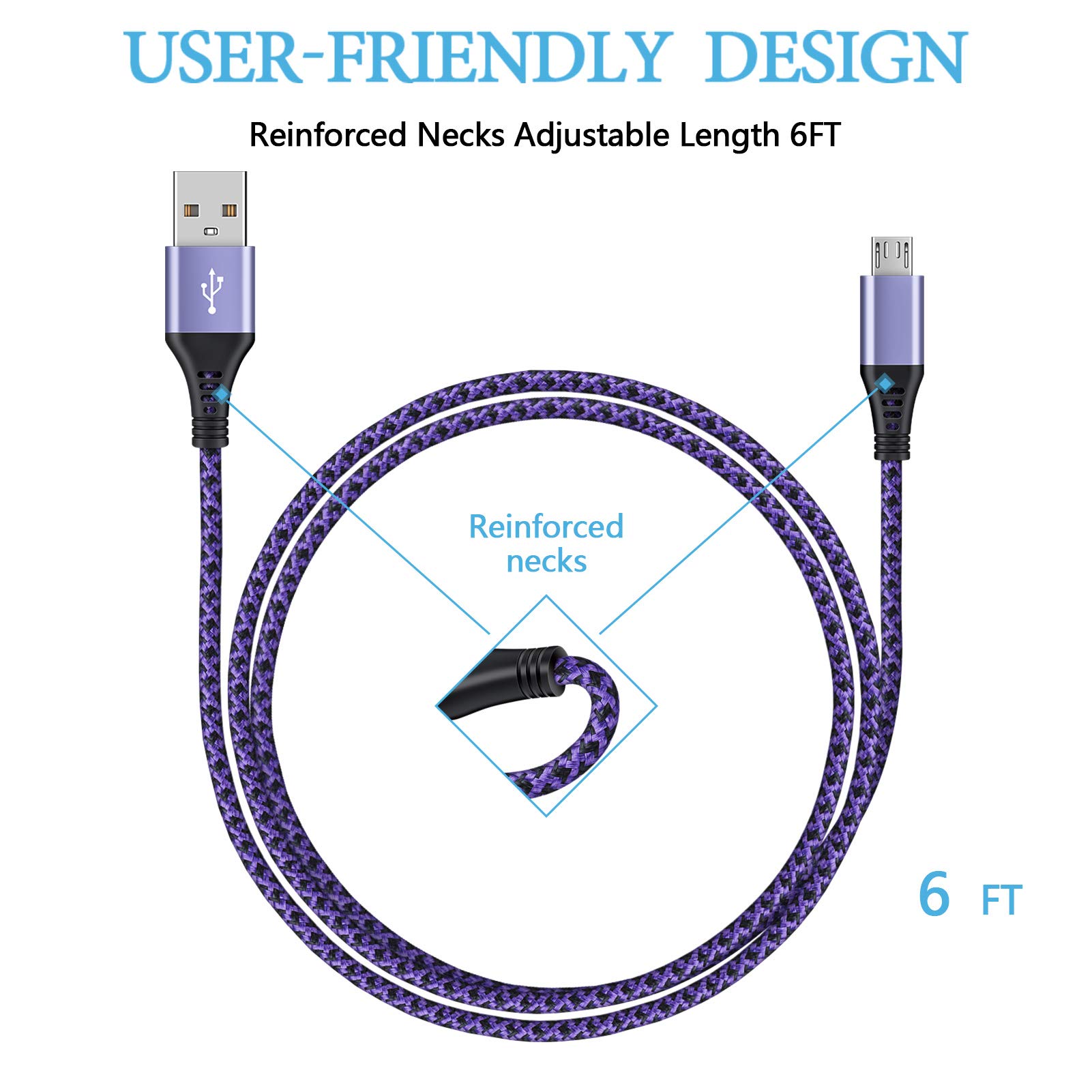 Micro USB Cables [4Pack/6Ft] AILKIN Android USB 2.0A Male to Micro B Charger Cord, Fast Charging Speed Data Wire Nylon Colored Braided Powerline Cable for Samsung Galaxy S7 S6 J7 J3 J8 A01 Kindle Fire