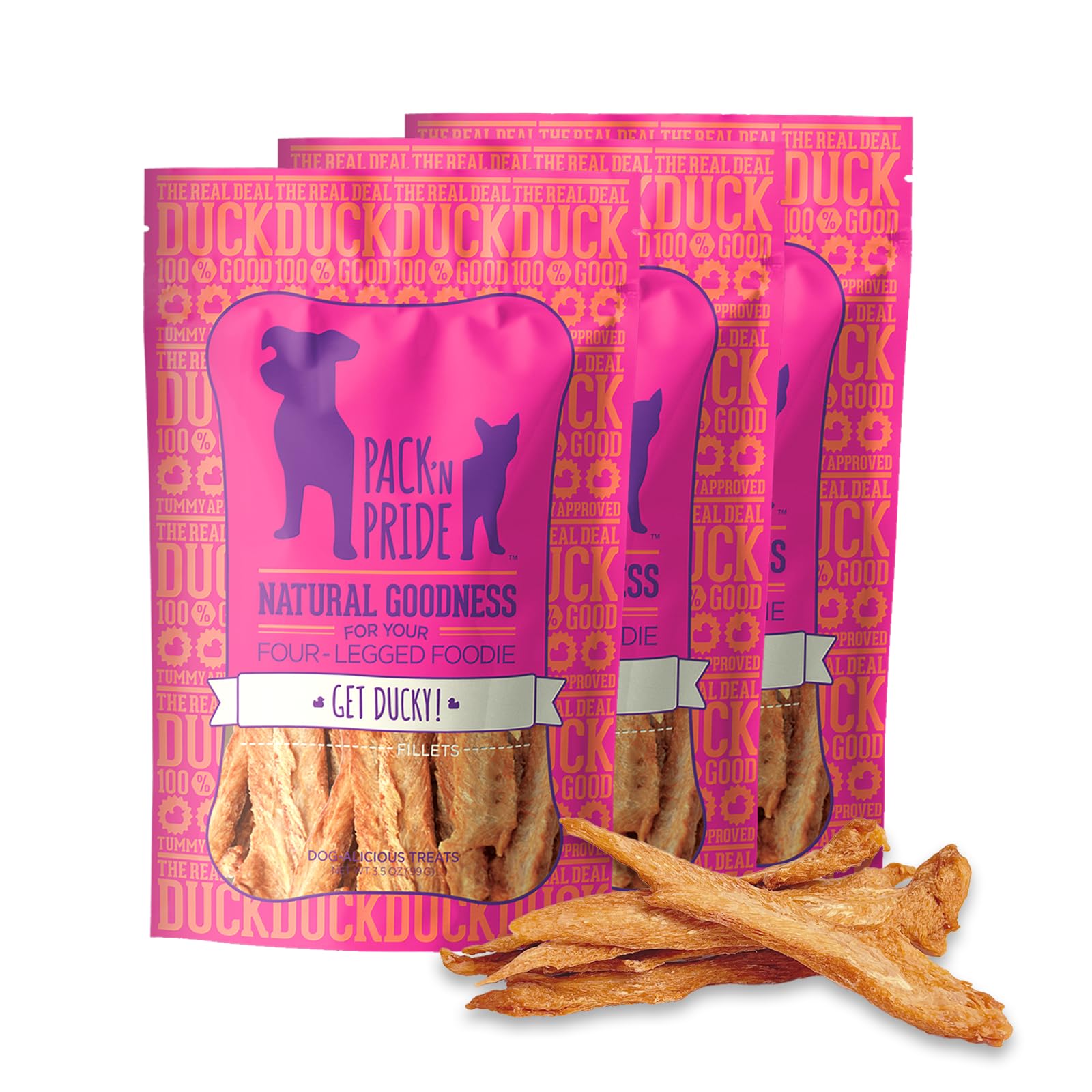 PACK'N PRIDE Dog Treats, 3 Pack*100g Freeze-Dried Duck Strips, Low-fat Dog Chews for Small&Medium Dogs, Duck Fillets, No Artificial Flavors, Grain-free