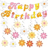 26 PCS Groovy Party Banners Boho Happy Birthday Decorations Daisy Flower Hanging Swirls Retro Hippie Ceiling Streamers for Two Groovy Retro Party Supplies