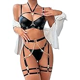 Avidlove Lingerie Set for Women Sexy Strappy 5 Piece Lingerie Garter with Underwire Push Up Bra and Chain