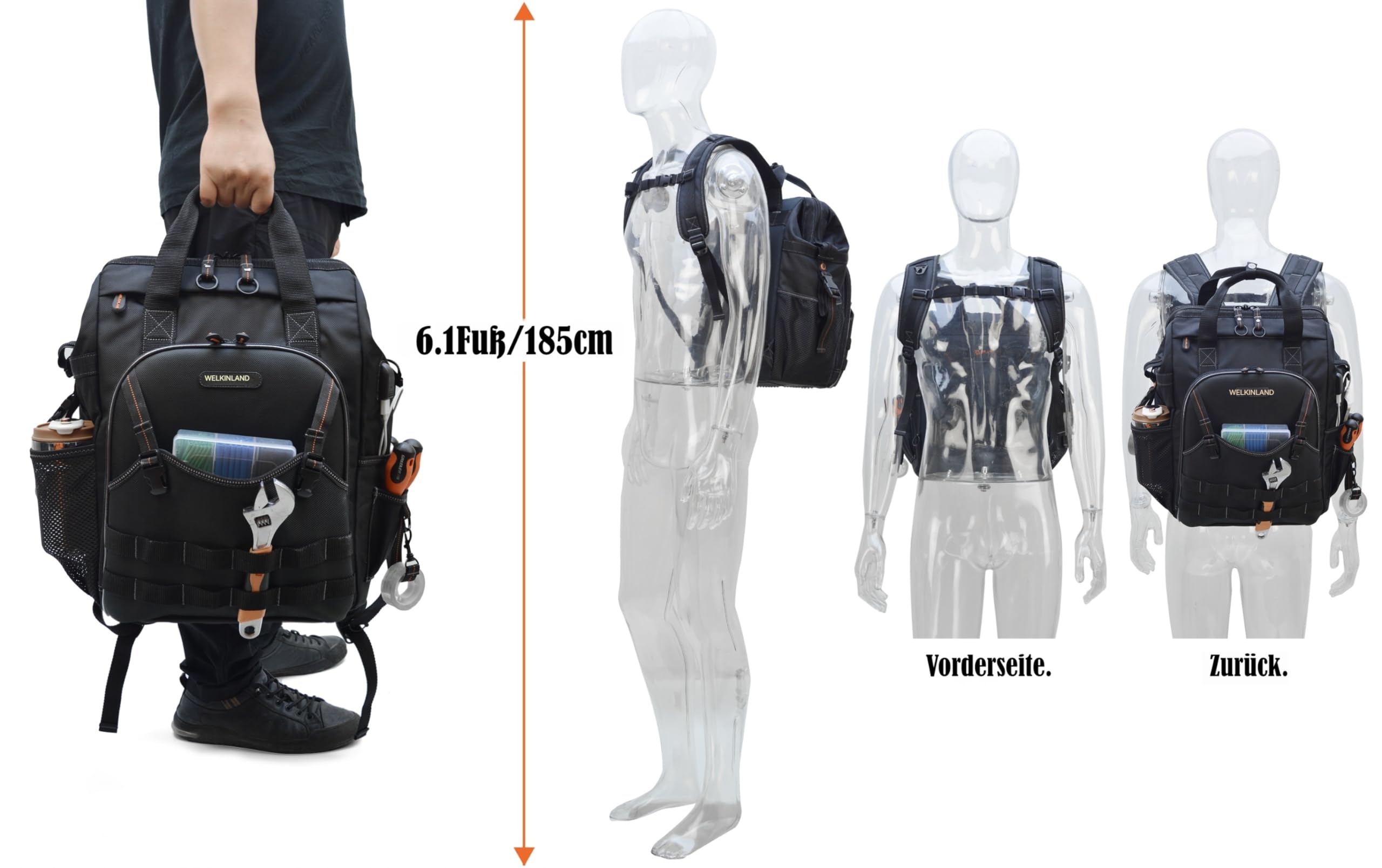 WELKINLAND 55 Taschen Werkzeugrucksack, Elektrikerrucksack, Werkzeugtasche 8