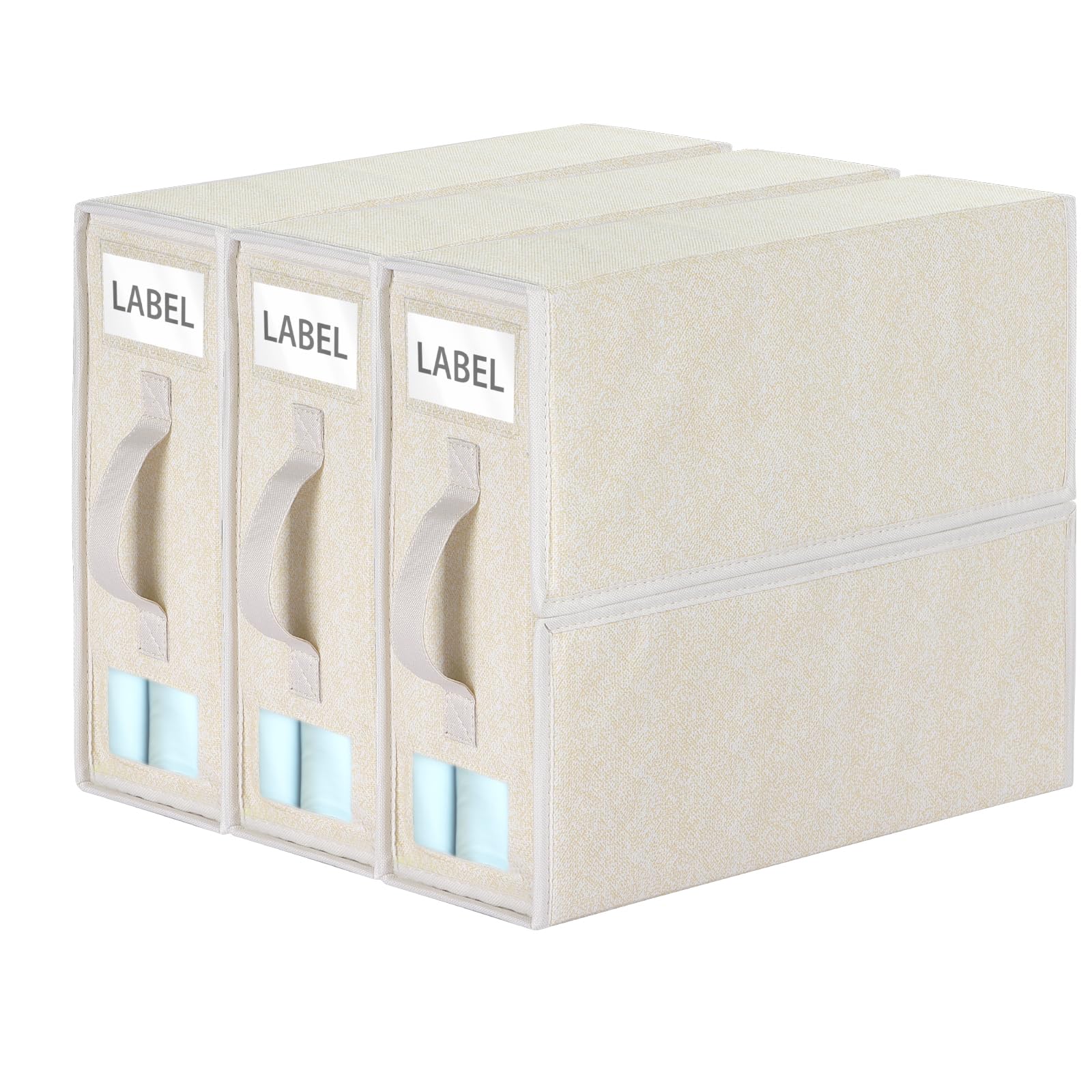 Syeeiex Bed Sheet Organiser Storage 3 Pack, Foldable Linen Wardrobe Organiser with Window and Label, Folder Bedding Storage Box with Zip for Blanket, Duvet Cover Set, Bed Sheet Set - Natural