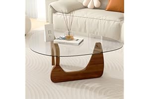 DESYIFO Modern Glass Coffee Table, 32.3″D×25.6″W×15.8″H-Abstract Unique Mid Century Triangle Center Table for Living Room, Minimalist Middle Tables for Home Office, Wooden Base