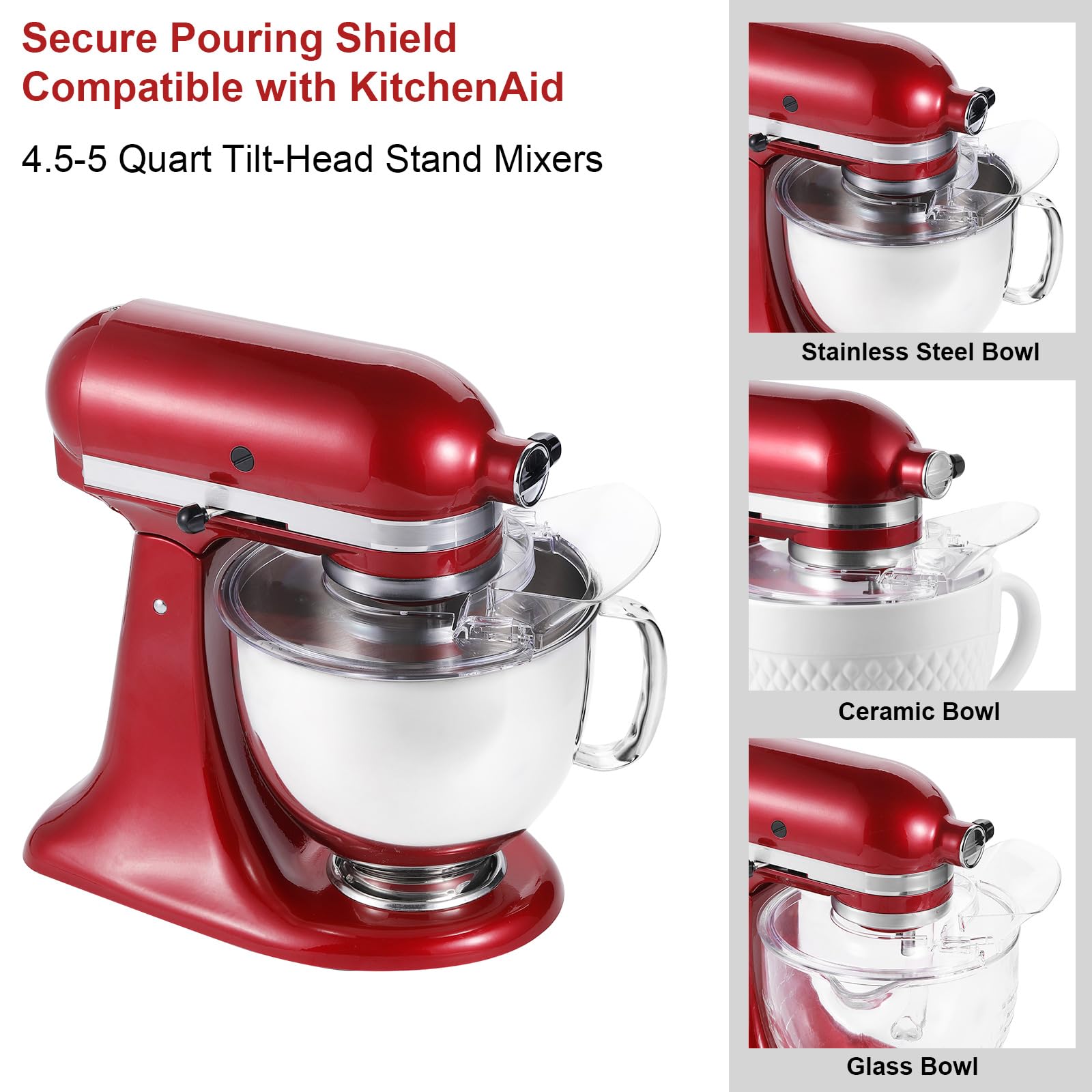 Pouring Shield for KitchenAid-Secure Pouring Shield with Removable Pour Spout for KitchenAid 4.5-5 Quart Tilt-Head Stand Mixers, Splatter Guard Fits for Stainless Steel, Glass, Ceramic Bowls