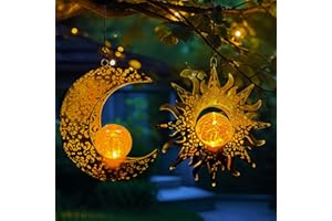 QCF Solar Hanging Sun and Moon Lights Garden Outside Decor,2 Pack Metal Lanterns Outdoor Sunflower Art Decorations for Porch Backyard Patio Wall Tree,Unique Gardening Gifts for Women Mom Grandma