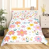 Feelyou Cute Flower Bedding Set Twin Size Kids Cartoon Cute Floral Comforter Cover Set for Kids Girls Teens Toddler Yellow Pink Duvet Cover Kawaii Bedspread Cover 2Pcs