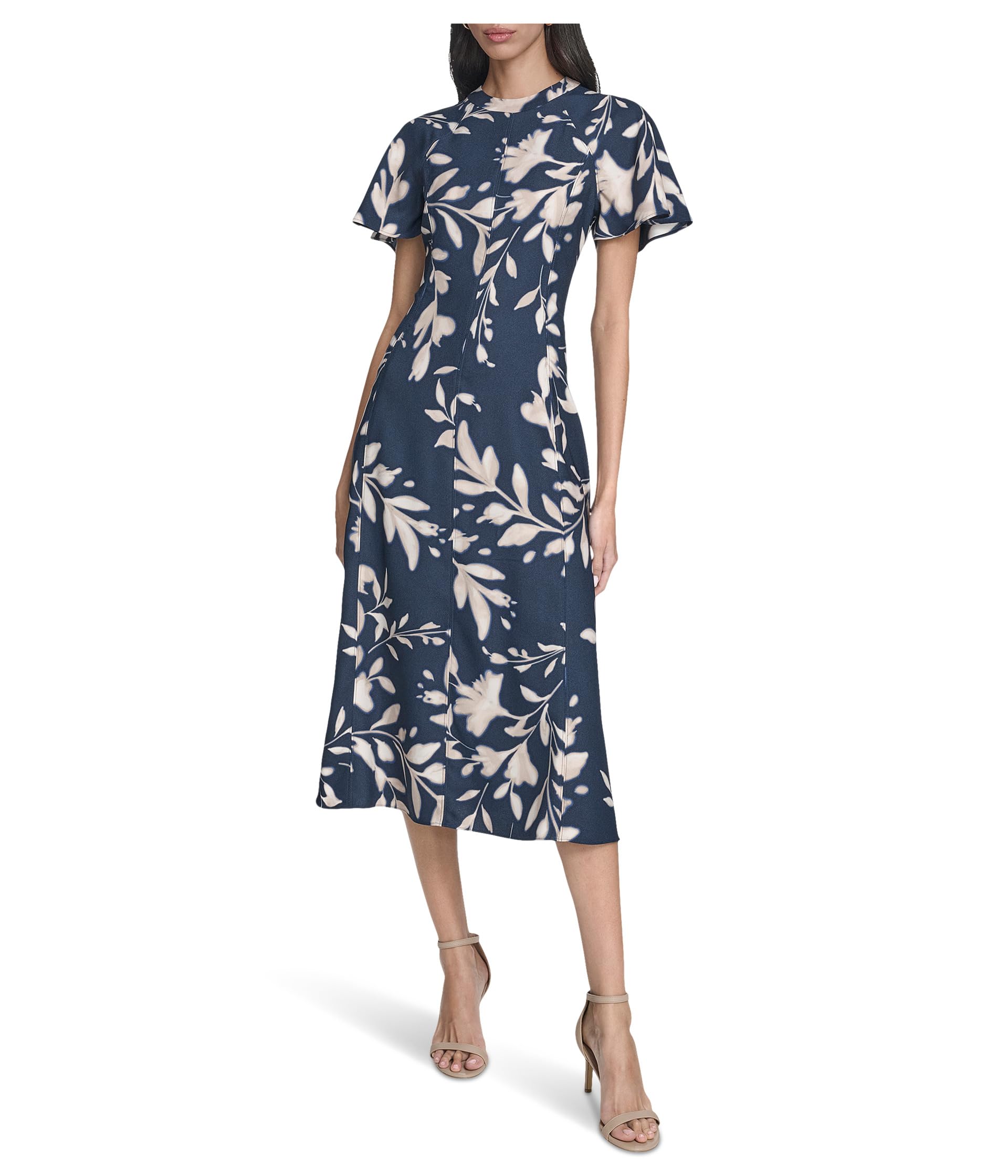 Calvin Klein Women’s Flutter Sleeve Round Neck Dot Crepe A-Line Midi Dress, Indigo/Cashew, 8