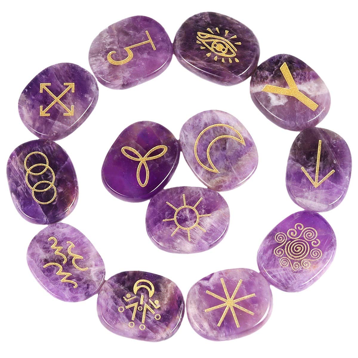 rockcloud Healing Crystal Amethyst Gypsy Symbol Witches Rune Set Chakra Stones Palm Stone Reiki Balancing, 13 Pcs