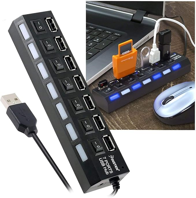 7 Port High Speed USB 2.0 Hub w/Individual Power Switches On Off and