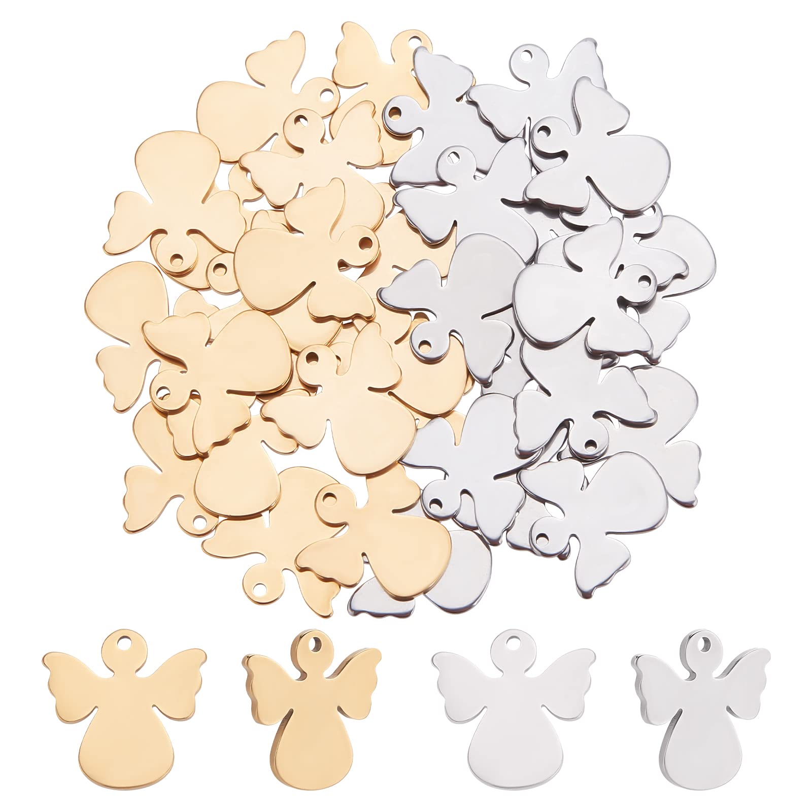 UNICRAFTALE about 40pcs Angel Charms 2 Colors Stainless Steel Love Angel Charm Blank Tag Pendant for DIY Jewelry Making 1.2mm Hole