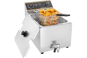 MOOTACO 6L Electric Deep Fryer with Basket, Commercial Deep Fryer Pot with Drain and Timer, Stainless Steel Oil Fryer Counter