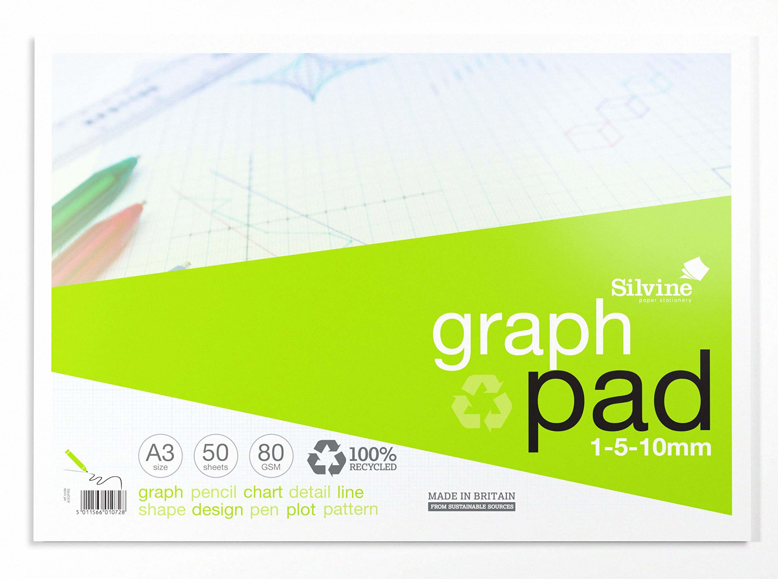 Silvine A3 100% Recycled Graph Paper Pad - Printed 1-5-10mm Graph (50 Sheets)