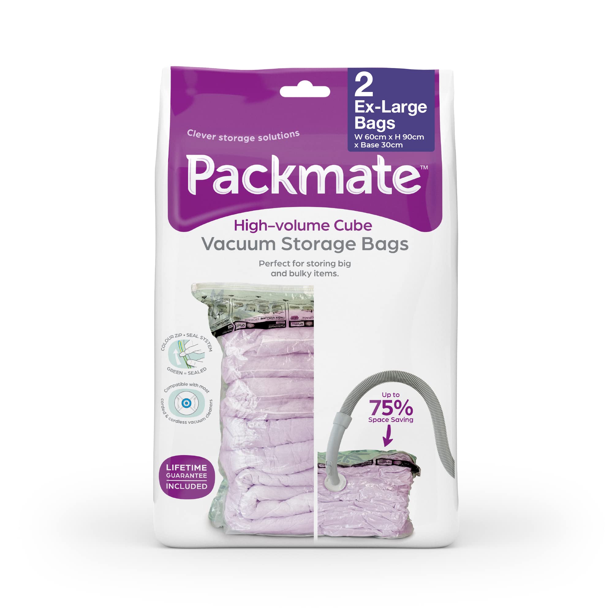 Packmate - 2 Extra Large 90 x 60 x 30cm Cube Vacuum Storage Bags - Ideal for Storing Duvets, Pillows, Blankets, Clothing, Towels and Much More