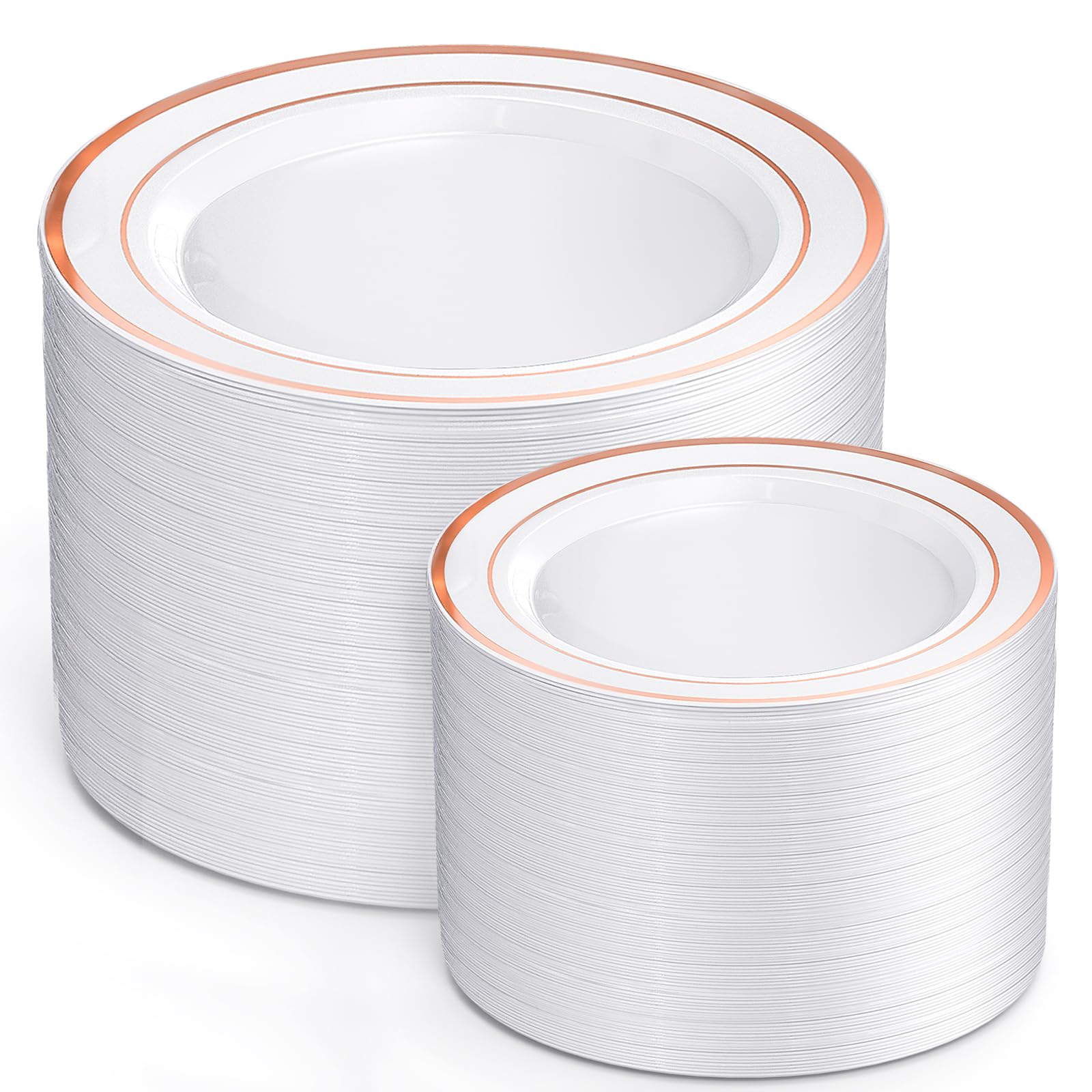 Photo 1 of 200 Pcs Rose Gold Plastic Plates, Disposable Party Plates Include 100 Gold Dinner Plate 10’’ and 100 Disposable Dessert Plate 7’’ Perfect for Party, Wedding & Birthday