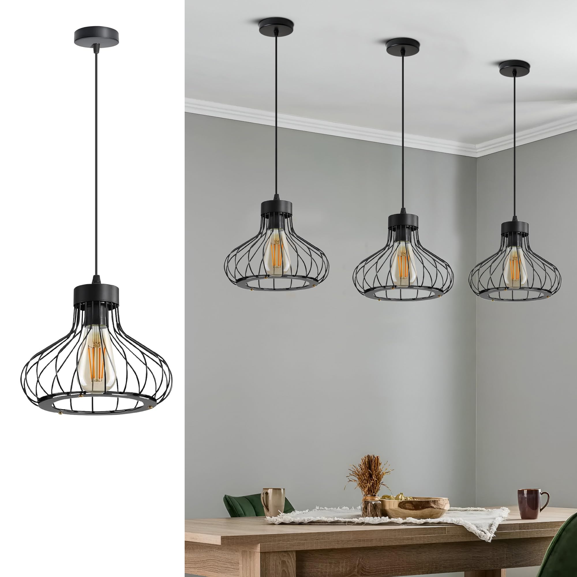 LEDSone Industrial Pendant Light Edison Vintage Hanging Cage Lamp with Adjustable E26 E27 Base, Retro Pendant Light Fixture for Kitchen (Black Basket Cage)