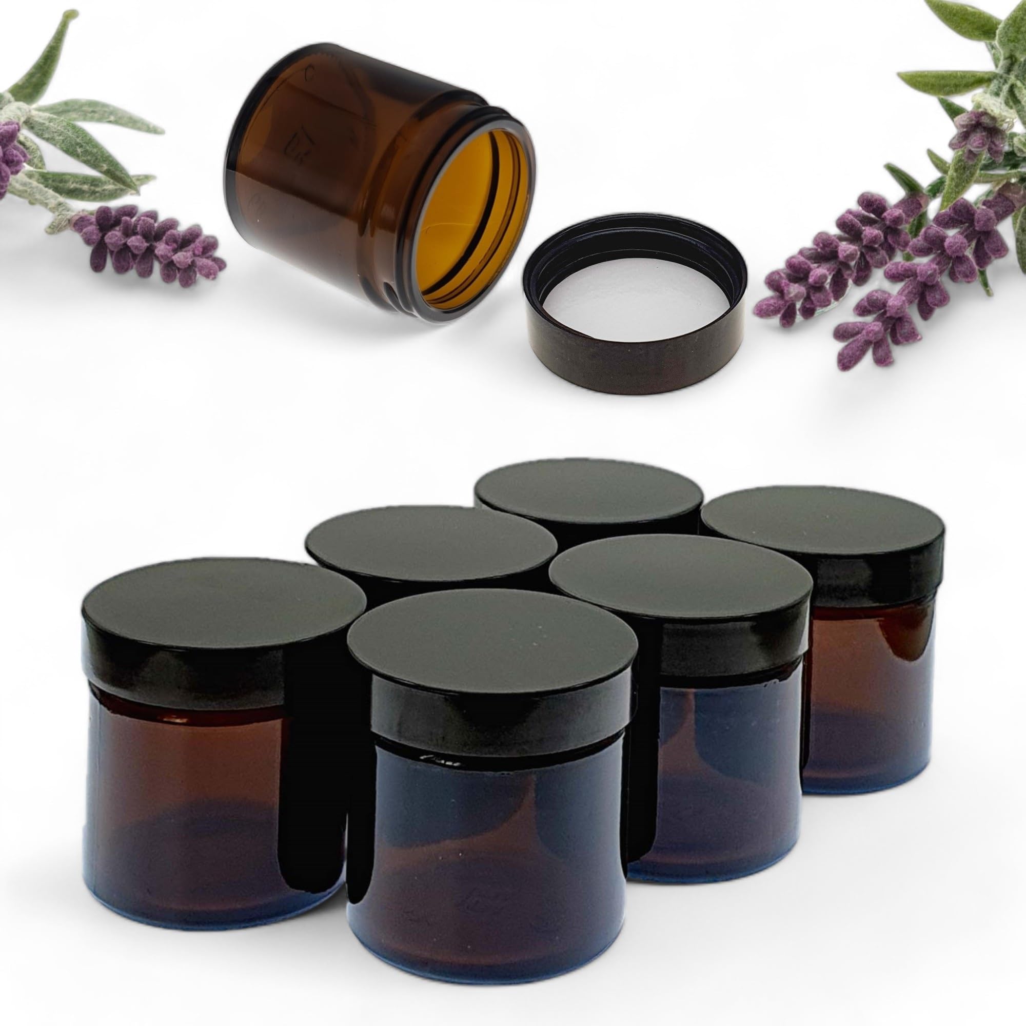 Set of 6 Amber Glass Jars - 60ml Brown Glass Container Jars for Storage with Airtight Black Lids – Luxury Cosmetic Container for Candles, Creams & Salves