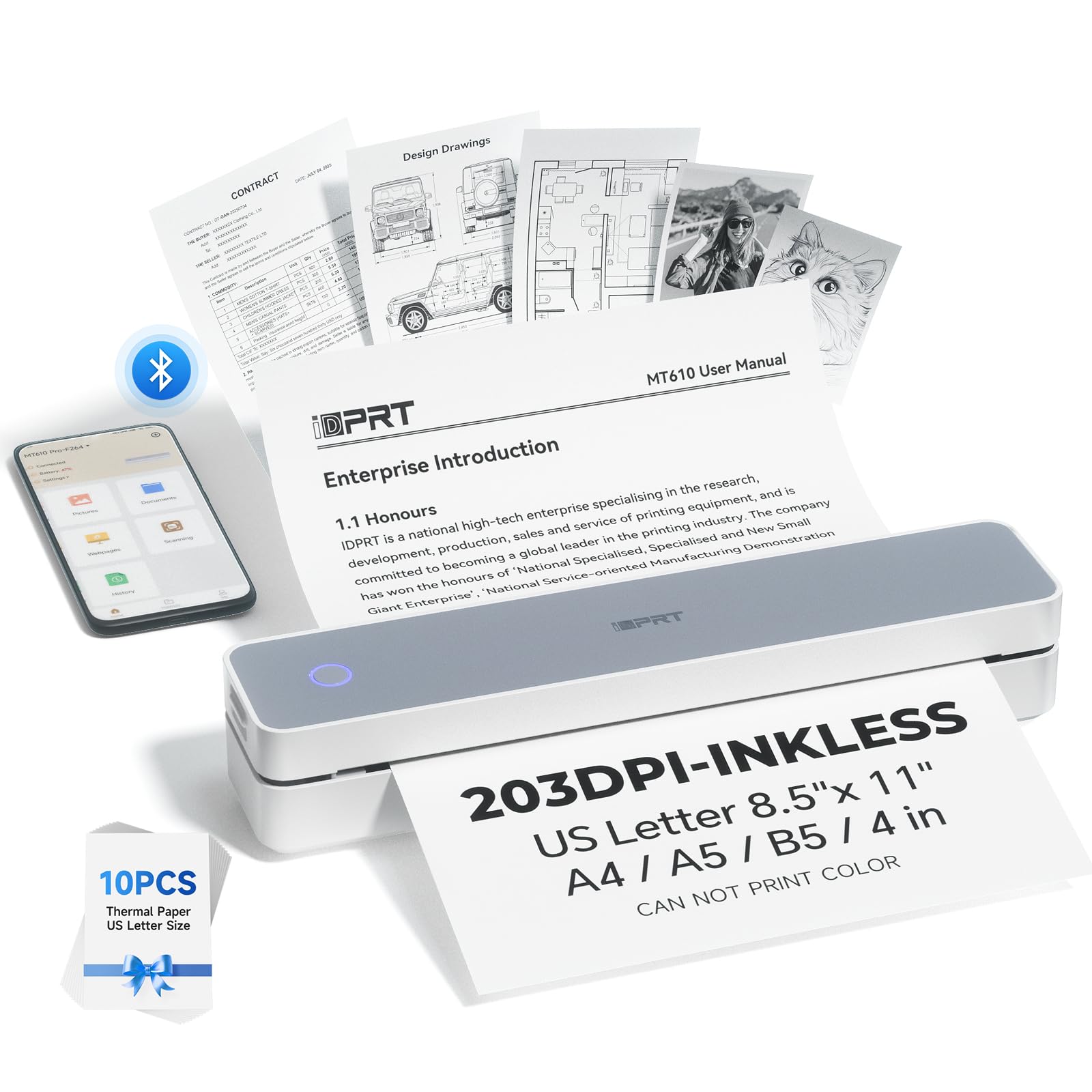 Photo 1 of iDPRT Portable Printer Wireless for Travel - 203DPI Bluetooth Mobile Printer Support for 8.5"x11" US Letter, Inkless Compatible with iOS, Android, Laptop for Office, Car and Home, School