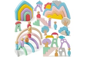 Lewo Wooden Building Blocks for Toddlers, 46 Pcs Montessori Stacking Toys with Rainbow/Little People/Tree/House/Mountain, Learning Toddler Toys Birthday Gifts for Baby Kids 3 4 5 Years Old