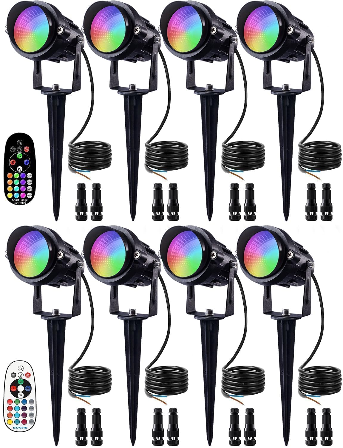 View 1 of SUNVIE Christmas 12W RGB Color Changing Landscape Lights Low Voltage LED Landscape Lighting Remote Control Spotlight Waterproof Garden Pathway Christmas Decoration Outdoor, 8 Pack with Connector