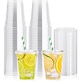 [100 Pack] 12 oz Clear Plastic Cups with Flat Slotted Lids, Disposable Drinking Party Cups for Iced Cold Drinks Coffee Tea Smoothie Bubble Boba