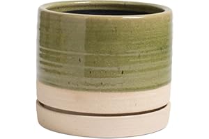 HERDUK 8 Inch Pots for Plants, Ceramic Planter Pot with Drainage Hole & Saucer, Indoor/Outdoor Cylinder Round Planter Pot, Green & Beige