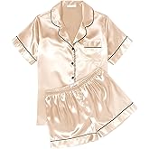 Ekouaer Womens Silk Satin Pajama Sets Soft Short Sleeve Button Down Sleepwear Top and Shorts 2 Piece Pjs Lounge Set