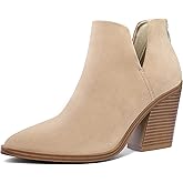 mysoft Women's Ankle Boots Slip on Cutout Pointed Toe Chunky Stacked Mid Heel Booties