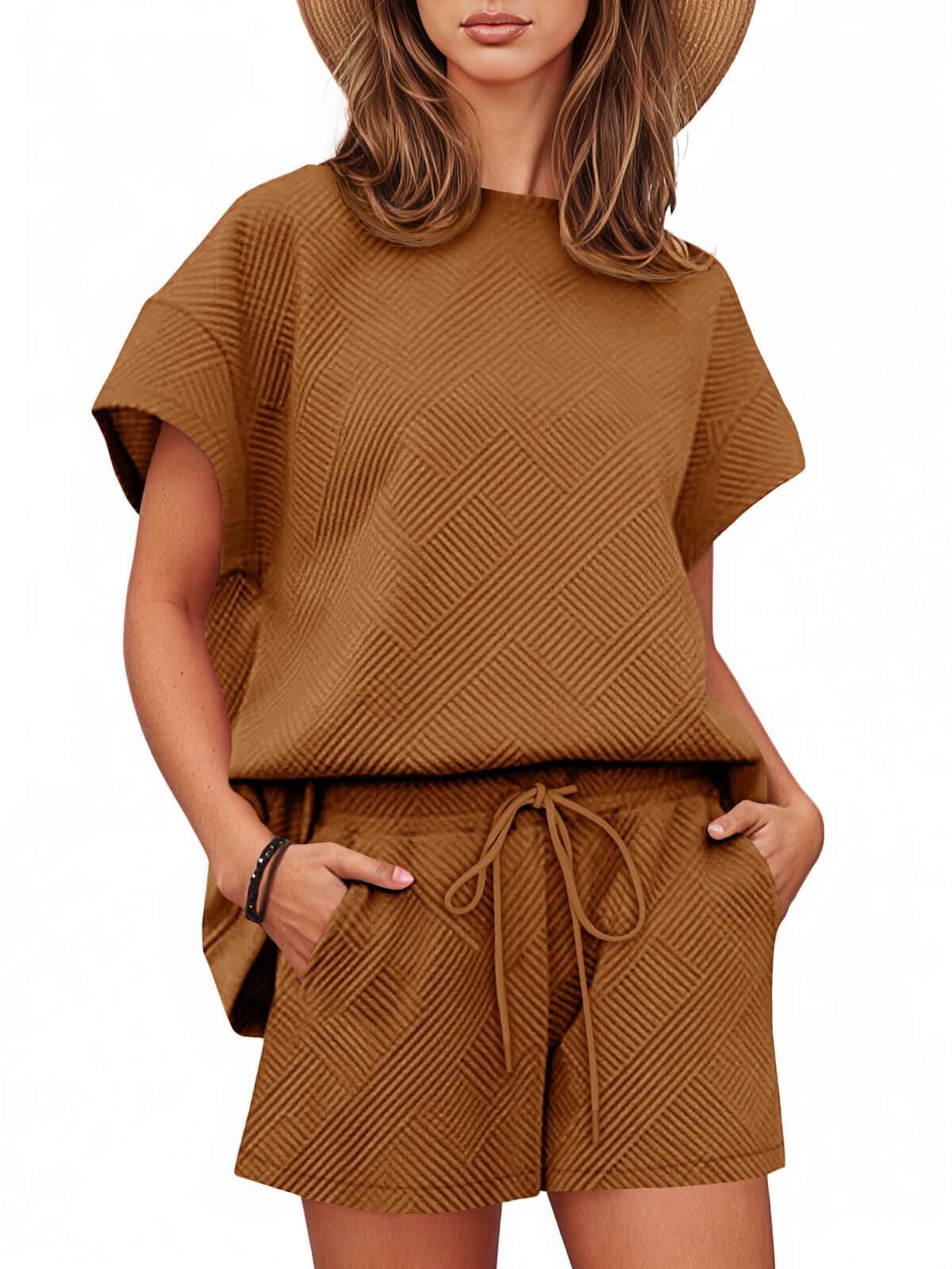 Photo 1 of ** 2 piece /** Tankaneo Womens Loungewear Set Short Sleeve Tops and Shorts 2 Piece Outfits Matching Lounge Pajama Set with Pockets Brown