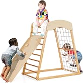 Costzon Indoor Jungle Gym, 6-in-1 Montessori Climbing Toys for Toddlers with Double-Sided Slide, Climbing Rock/Net, Indoor Wooden Playground Climber Playset for Kids 2-6 Years Birthday