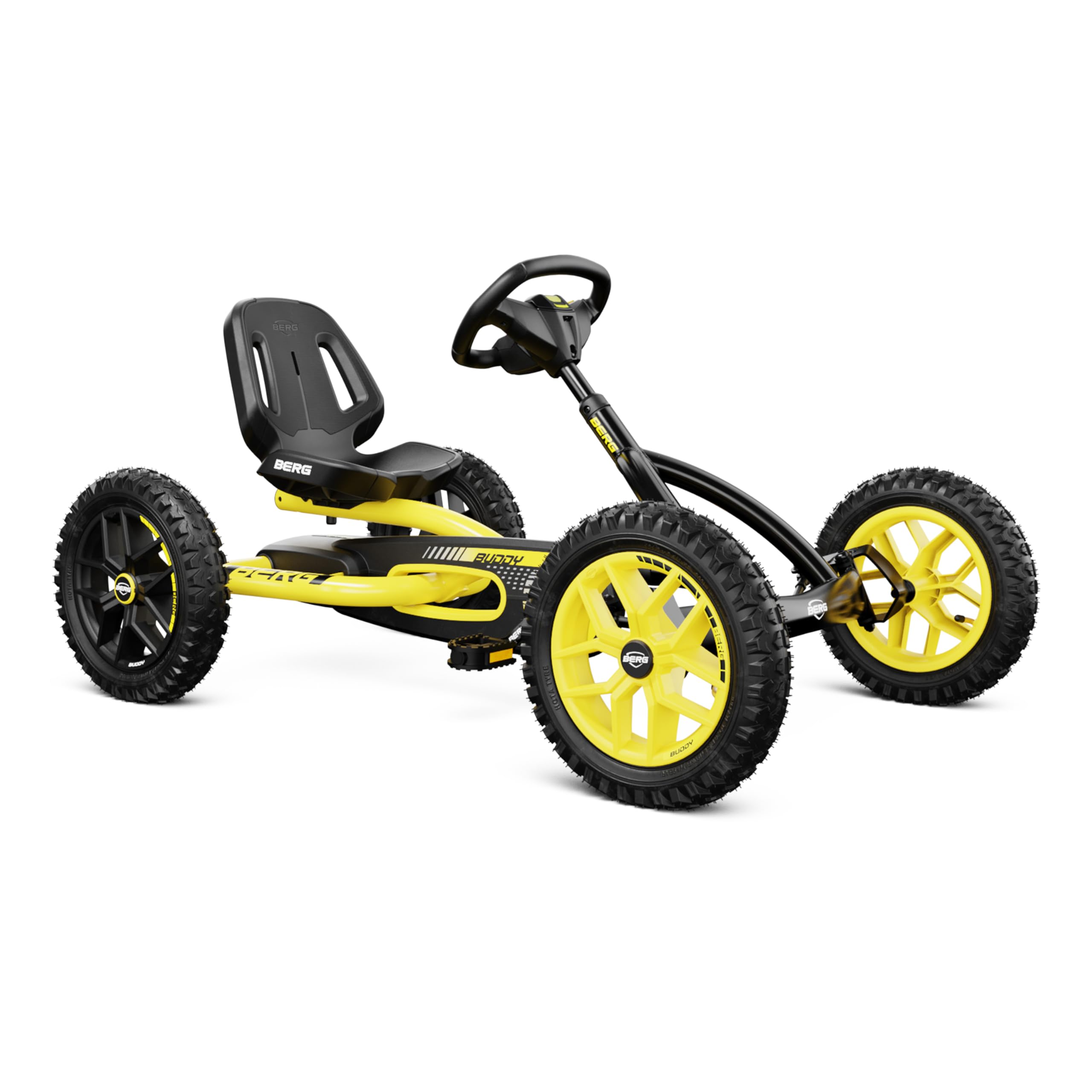 Berg Gokart Buddy Cross | Kinderfahrzeug, Tretfahrzeug mit hohem Sicherheitstandard, Luftreifen und Freilauf, Kinderspielzeug geeignet für Kinder im Alter von 3-8 Jahren, Gelb/Schwarz