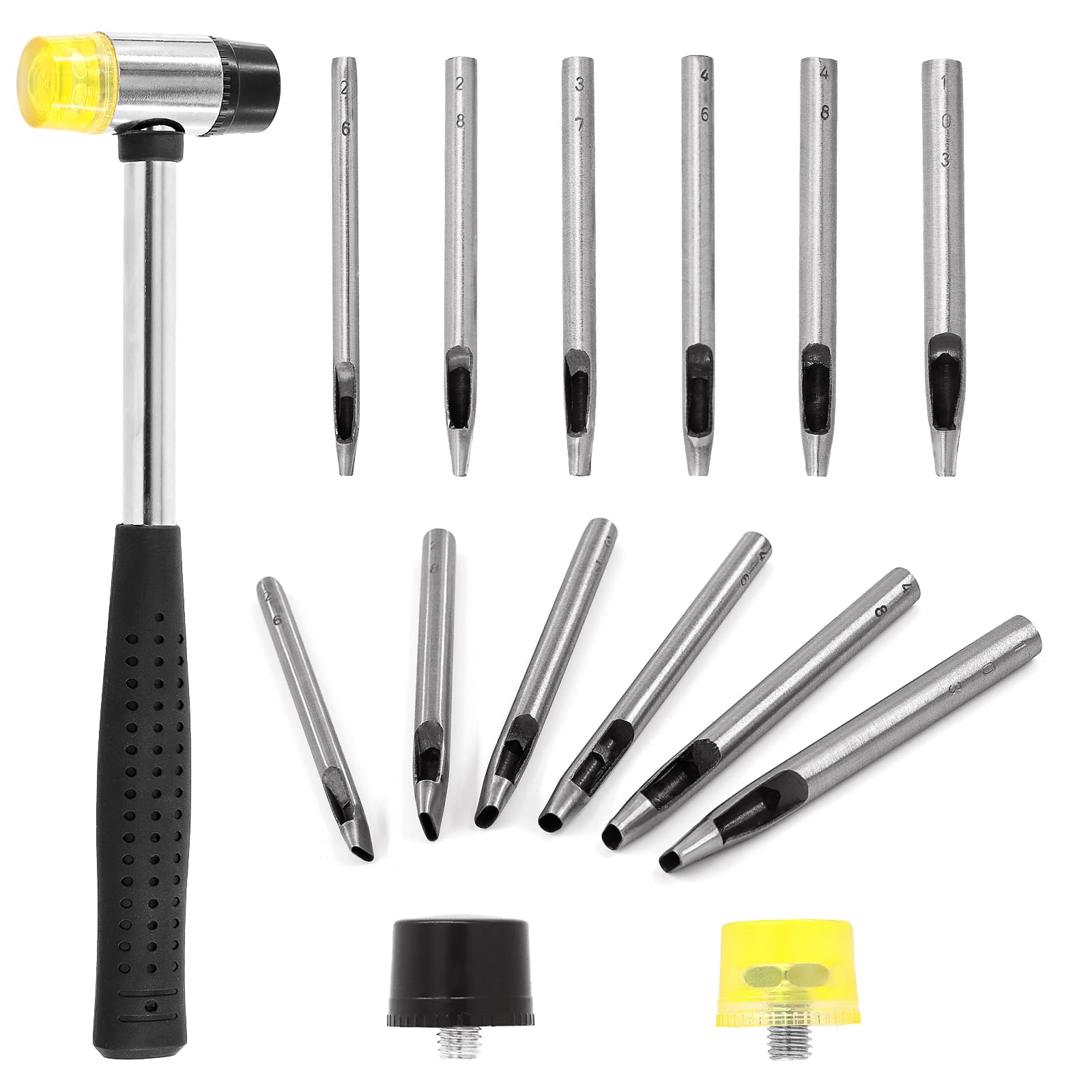 Swpeet 9Pcs 6 Size Leather Hollow Punch Set, 2-10mm Leather Oval Hole Punch and Double-Faced Soft Hammer Mallet, Hollow Punching and Rubber Hammer with 2 Pcs Replacement Head for Leather Crafting