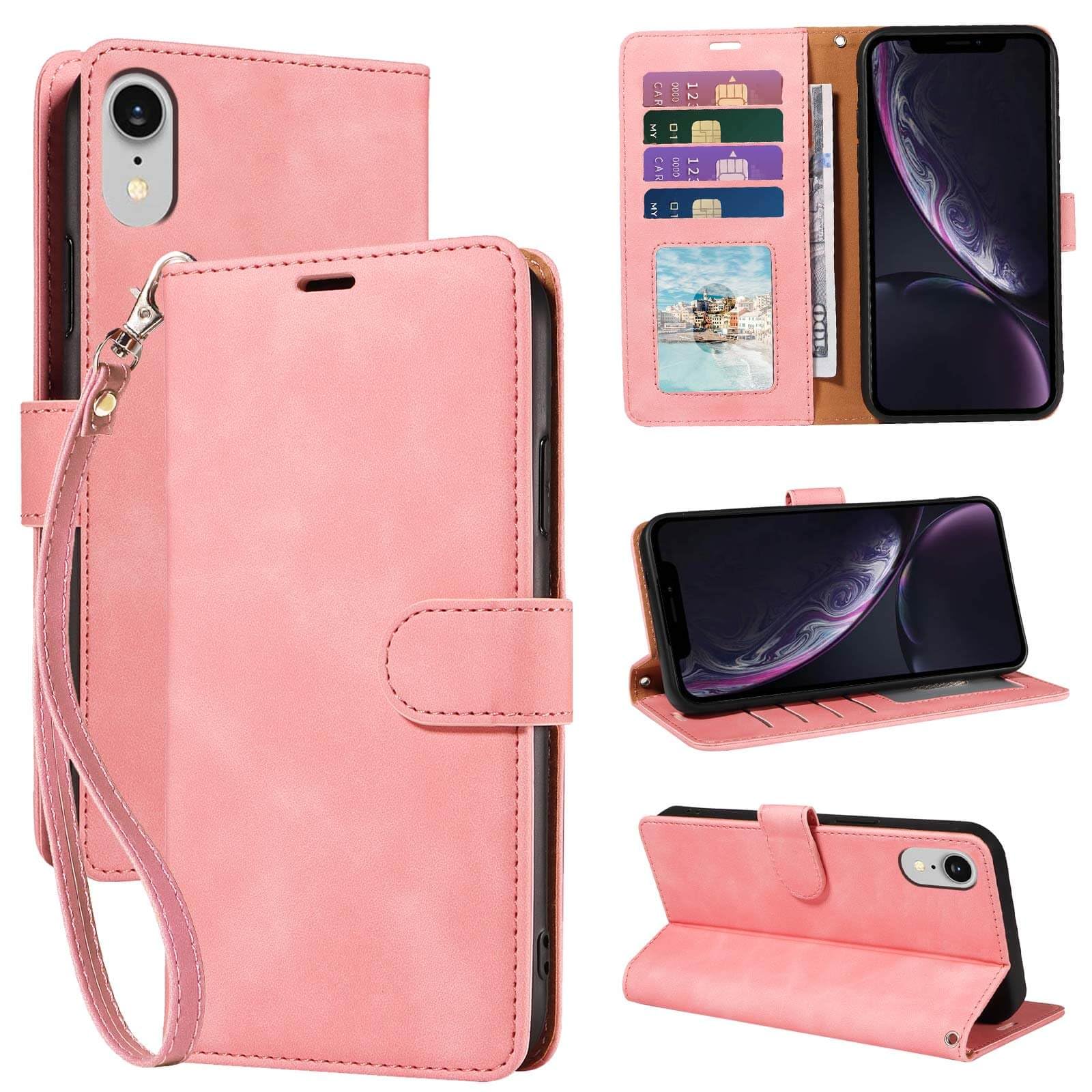GOTOURED Pink Wallet Phone Case for iPhone XR, RFID Blocking 4 Card Slots, Wrist Strap, Kickstand, Magnetic Closure, Shockproof Protective, Soft Leather Flip Cover Case