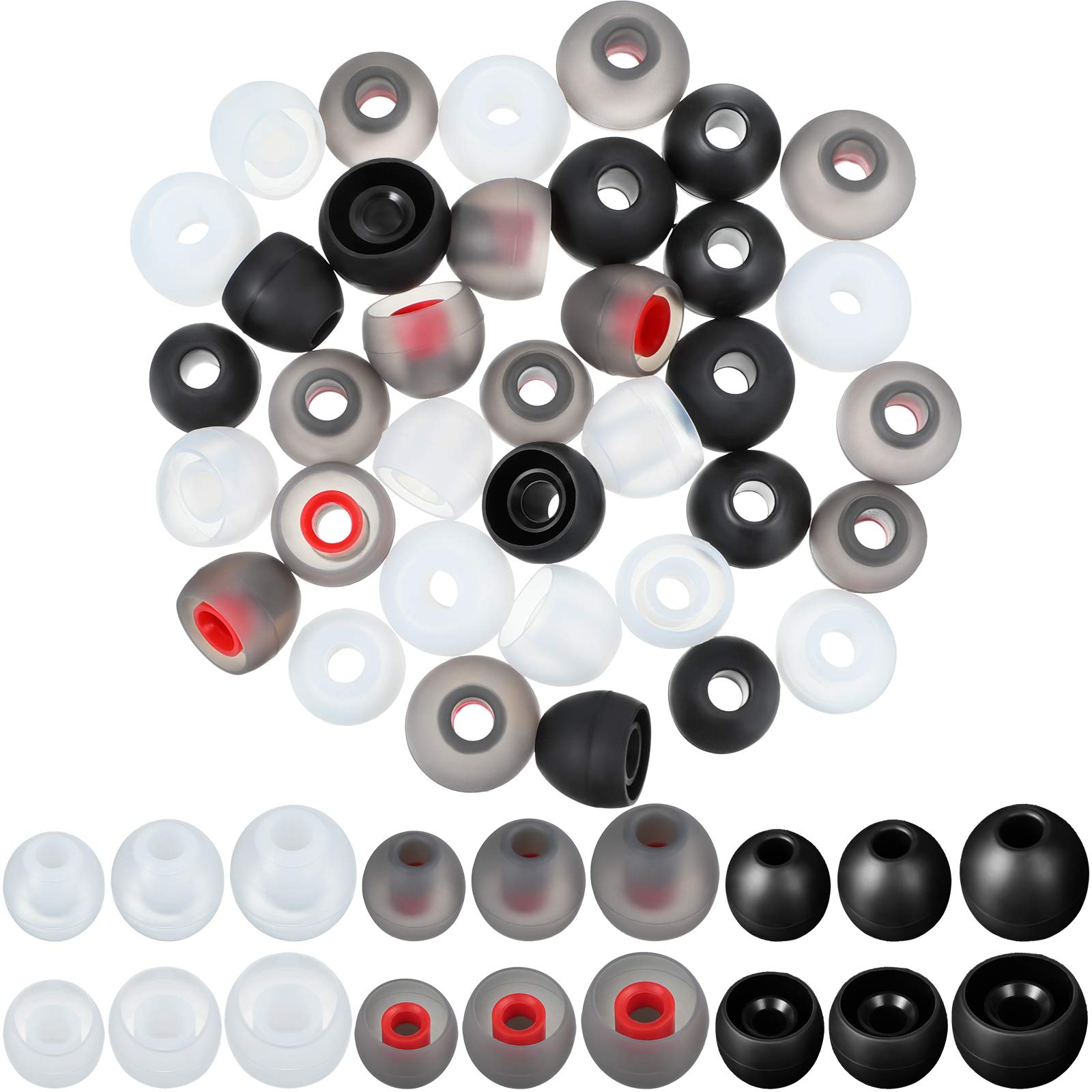 Weewooday 36 Pcs Replacement Earbud Tips Rubber Earphone Headphone Ear Bud Black Clear Silicon Ear Phone Rubber Ends Noise Isolation Earplugs, 3 Size(Greyish Red, Transparent and Black)