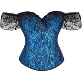 Corset Top for Women Renaissance Overbust Lace Up Bustier Corset Tops | Off Shoulder Floral Corset Top with Lace Sleeves for Renaissance Fair, Gothic, Steampunk, Pirate, Fairy, Halloween Costumes