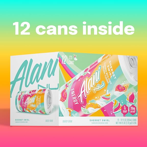 ALANI NU SHERBET SWIRL SUGAR FREE, LOW CALORIE ENERGY DRINKS, 200MG CAFFEINE, BIOTIN B VITAMINS, ZERO SUGAR, 10 CALORIES, 12 FL OZ CANS, 12 PACK