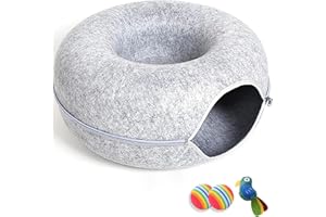 QONIMM Cat Cave for Indoor Cats, Large Cat Donut Cat Tunnel Bed, Peekaboo Cat Cave with 3 Toys, Scratch Resistant Cat Bed, for Cats up to 30 Lbs
