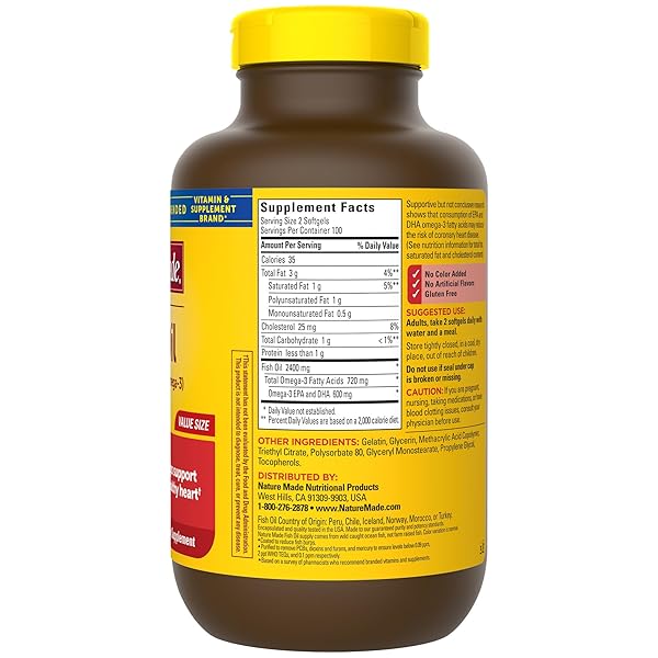 NATURE MADE BURP LESS FISH OIL 1200 MG, FISH OIL SUPPLEMENTS, OMEGA 3 FISH OIL FOR HEALTHY HEART SUPPORT, OMEGA 3 SUPPLEMENT WITH 200 SOFTGELS, 100 DAY SUPPLY