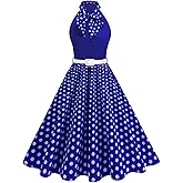 ODIZLI 1950s Dress for Women Retro Sleeveless Tie Neck Polka Dot Swing Dress with Belted Evening Party Cocktail Dresses
