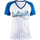 Womens City Baseball Pinstripe Fans Vintage Sporty V-Neck Tee Shirts - Royal & White