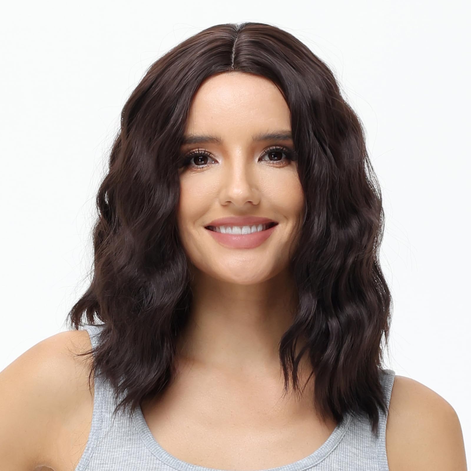 BUYOGET Medium Short Wig Wavy Bob Wig Realistic Natural Lace Front Scalp Adjustable Synthetic Shoulder Length Curly Wigs for Women Natural Brown — image 1