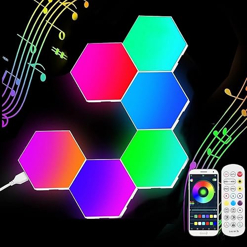 Neoglint 6PCS Hexagon LED Lights Sync to Music with Controller RGB Led Hexagon Light Panels Smart Wall Lights App Control Gaming Room Decor
