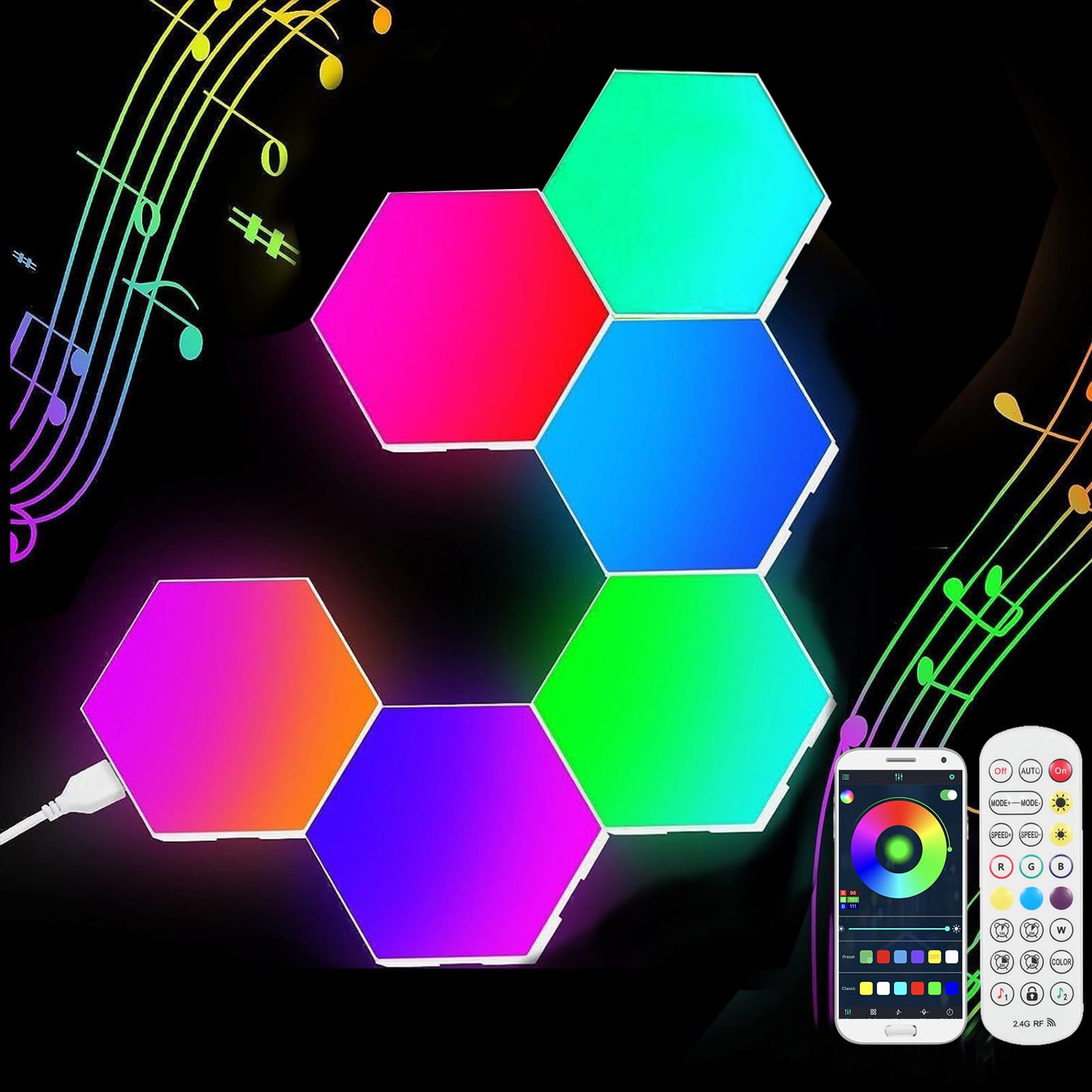 Neoglint 6PCS Hexagon LED Lights Sync to Music with Controller RGB Led Hexagon Light Panels Smart Wall Lights App Control Gaming Room Decor — image 1