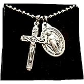 Mens Cross and Miraculous medal Necklace, 30 Inch Stainless Steel Ball Chain, Crucifix Measures 1.25"