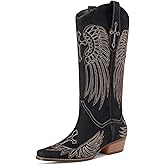 RONILURN Womens Knee High Boots Cowboy Cowgirl Tall Western Boots Pull On Square Toe Low Chunky Heel Retro Dress Ladies Comfortable Embroidered Boot